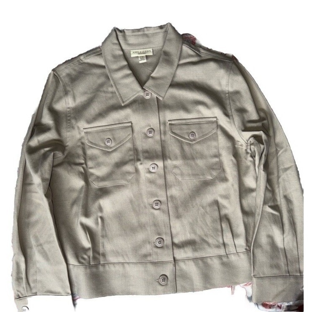 Appleseeds Petites Khaki Utility Trucker Jacket Button Front Beige PM RN 76915